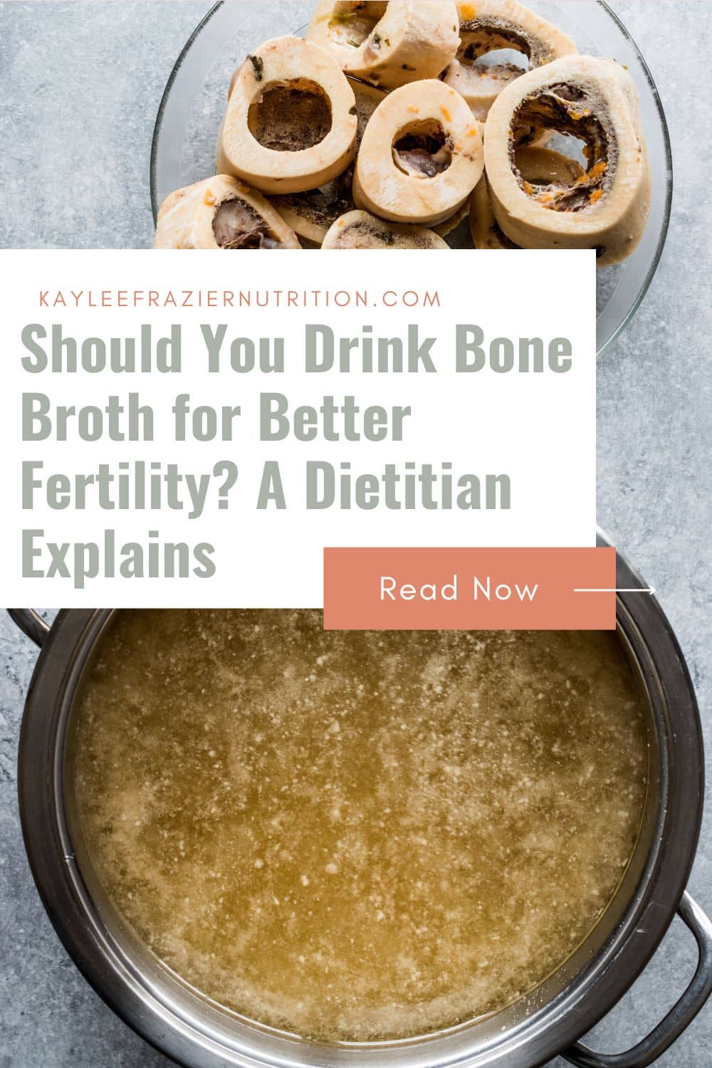 Cooked bones with bone broth. Name of article overlaid: Should you drink bone broth for better fertility? A dietitian explains